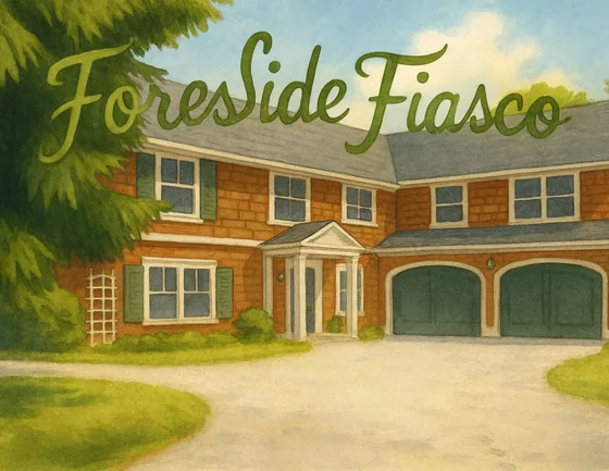 Foreside Fiasco cover: a shingled house with green shutters under a summer sky