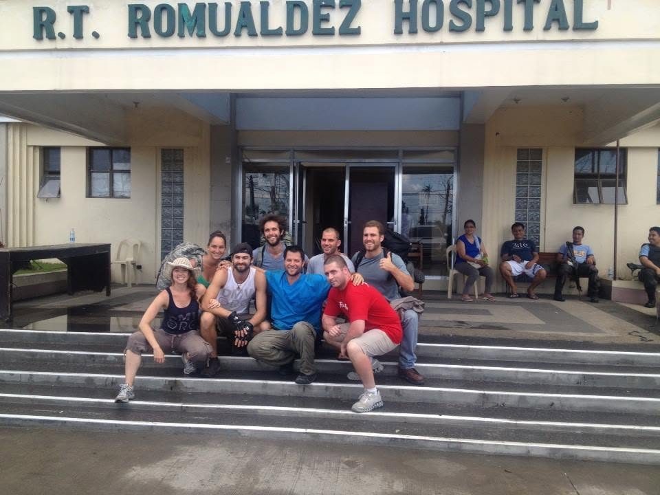 The relief team on the steps of R.T. Romualdez Hospital in Tacloban