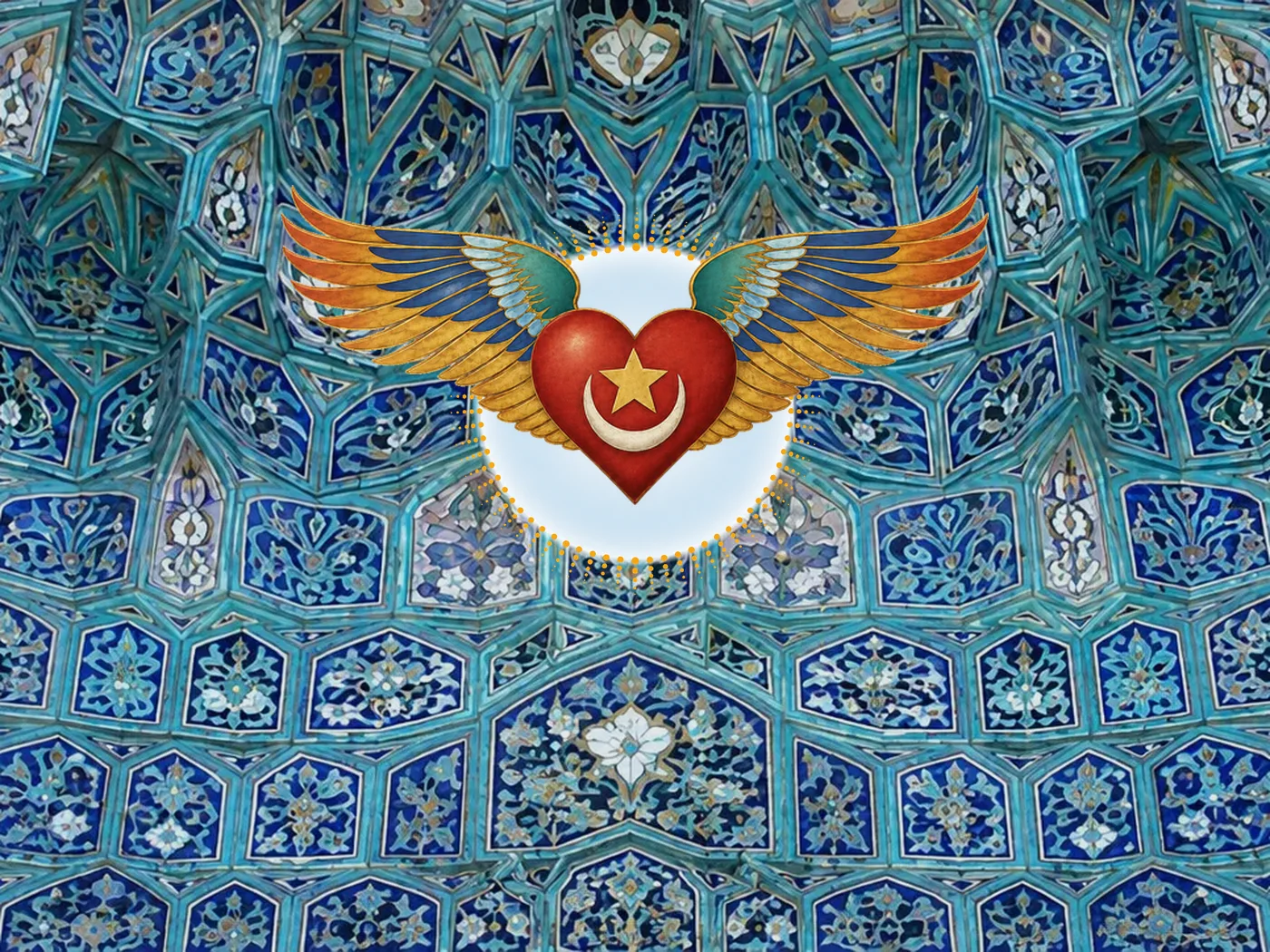 The Sufi winged heart, a crescent and star on a red heart, over a blue tiled mosaic